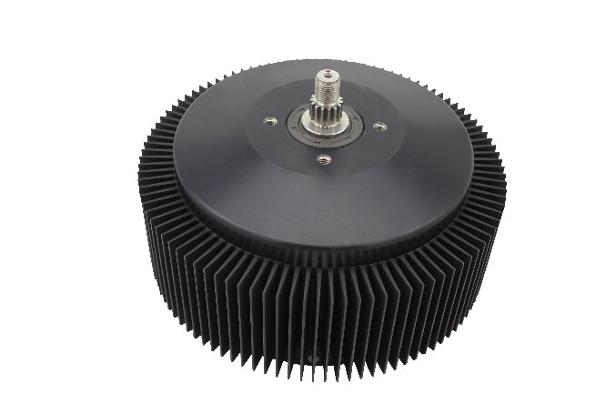 Housed motor configuration with finned heat-sink housing and splined output shaft.